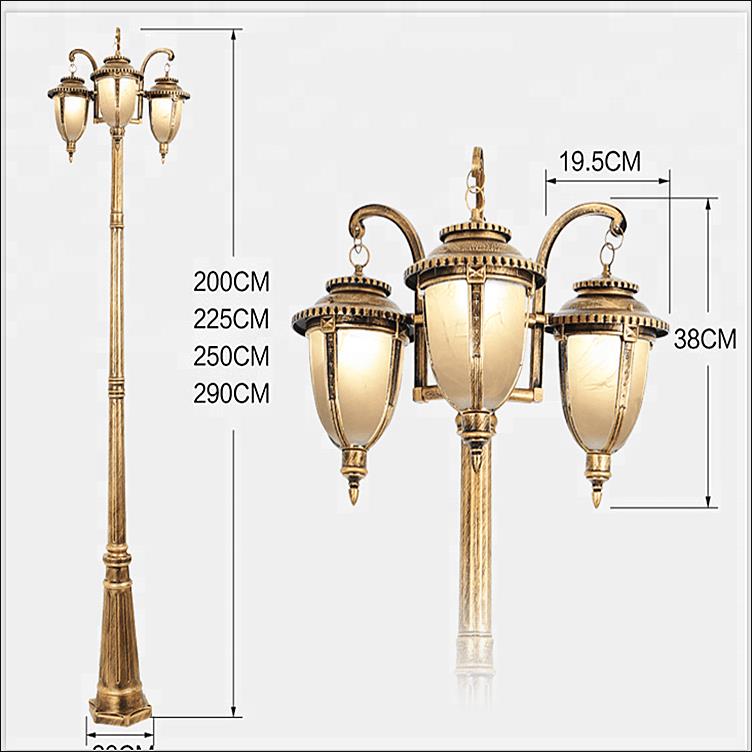 Outdoor 2-3m antique three lamps post garden light post, antique European light decorative